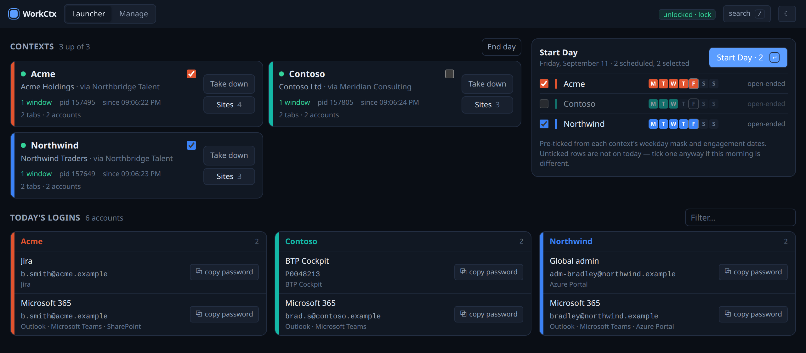 The WorkCtx launcher: Acme, Contoso and Northwind up with one window each, the Start Day picker, and today's logins for each tenant with copy-password buttons.
